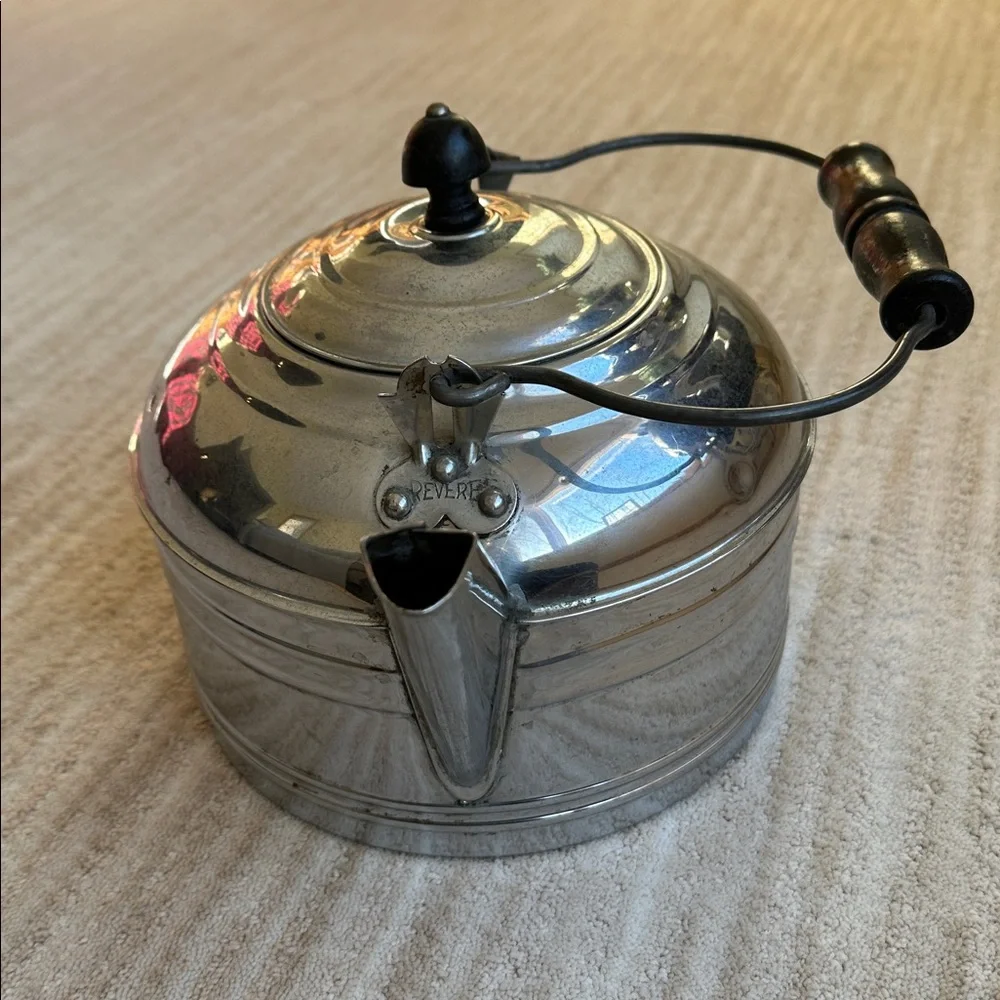 Large Revere Ware Tea Kettle Teapot Solid Chrome Plated Wire Bail Wood Handle
